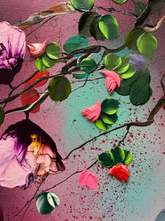 « Confiance sereine » - Grande peinture contemporaine aux motifs floraux colorés représentant une rose rose