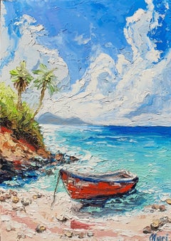 Red Wooden Boat on Tropical Beach with Palm Trees
