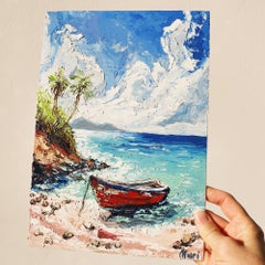 Red Wooden Boat on Tropical Beach with Palm Trees