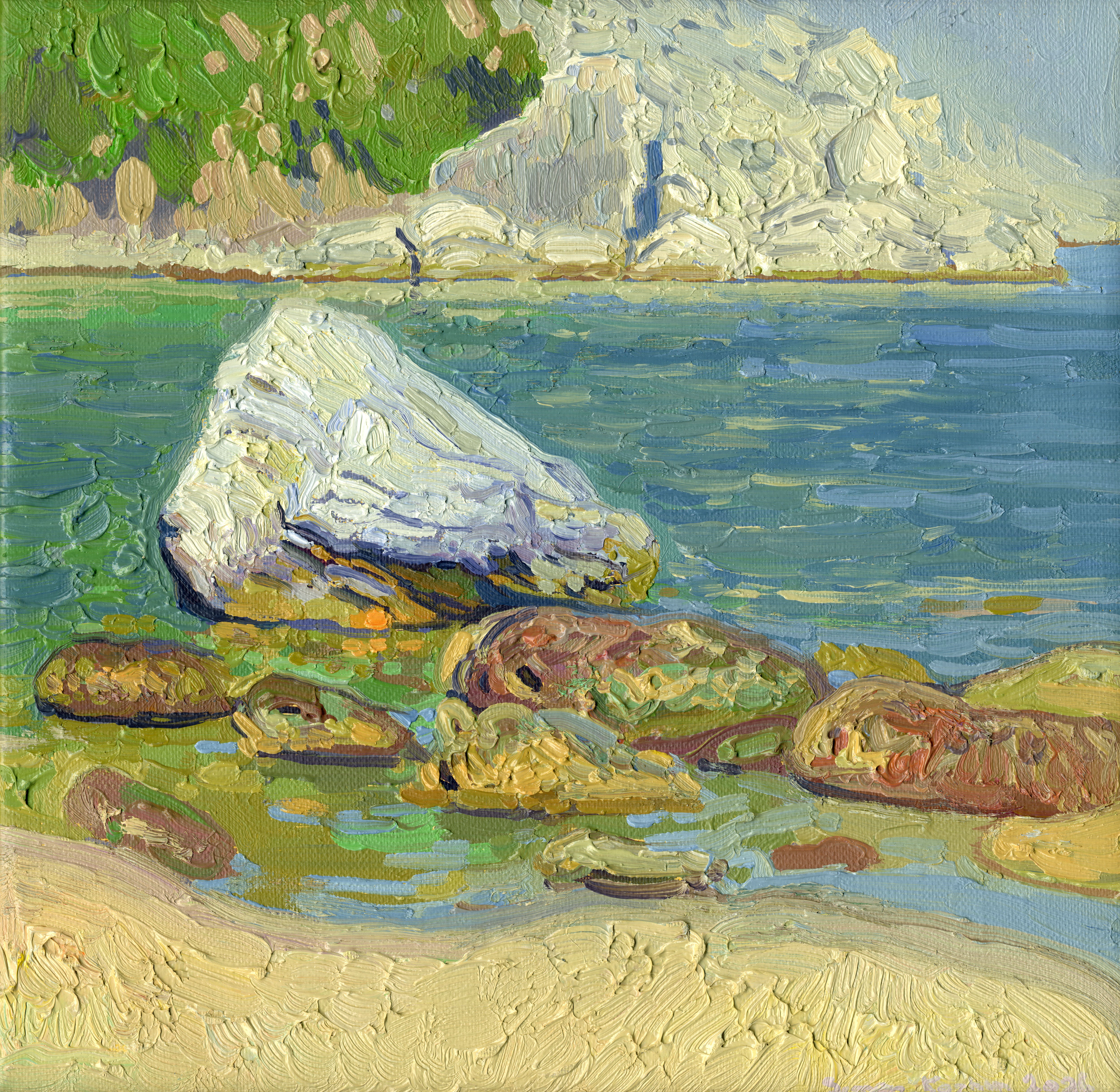 The artist painted this study from life during a creative trip to Turunc, Turkey, in 2026, using the alla prima technique in a single session. Luminous tones define this coastal scene. The composition captures the timeless dialogue between stone and