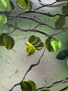 Through the Leaves - Contemporary floral silver large painting gold green rose