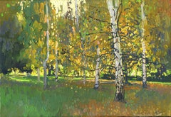 Birken bei Sonnenuntergang im September – Öl auf Leinwand, 2025, 23 x 33,5 cm, Neu