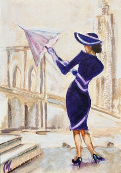 Woman in Navy Dress and Wide-Brim Hat by Brooklyn Bridge