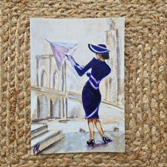 Woman in Navy Dress and Wide-Brim Hat by Brooklyn Bridge
