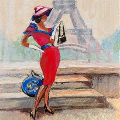 Woman in Red Dress by the Eiffel Tower
