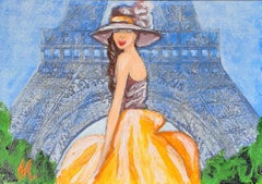 Woman in Orange Gown and Wide-Brim Hat by Eiffel Tower