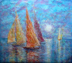 Golden Sails, linen canvas, oil, acrylic, oil pastel, 80x90cm.