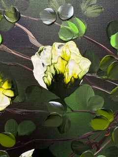 Jade Green III: cuadro en verde oscuro sobre lienzo de lino con flores en 3D, original