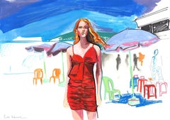 Woman in Red Dress at Outdoor Café