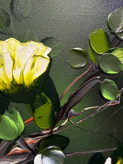 Jade Green II - dark green painting on linen canvas with 3d flowers, original