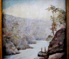 Pintura al óleo de la escuela francesa: «Paisaje de un desfiladero y un río», firmada en 1936