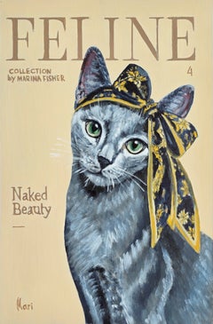 Russian Blue Cat in Couture Silk Headscarf