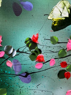 Wabi-Sabi Fragments II - emerald  green painting on linen canvas with 3d flowers