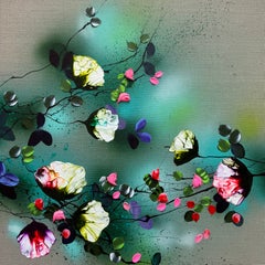 Wabi-Sabi Fragments II - emerald  green painting on linen canvas with 3d flowers