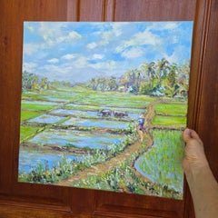 Two Water Buffalo and Figure in Rice Fields