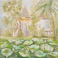 Thai Temple with Lotus Pond and Palm Trees