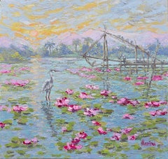 Heron in Water Lily Pond with Fishing Nets at Sunrise