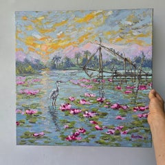 Heron in Water Lily Pond with Fishing Nets at Sunrise