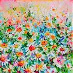 Starry Stillness - White Daisies Mums - Daisy Field of Flowers 20x20 inches