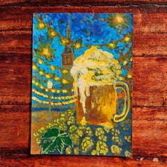 Foaming Beer Mug with Hops and Historic Tower in Evening Park with Festive Strin