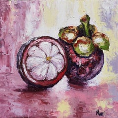 Mangosteen Still Life with Whole and Halved Fruit on Pink Background