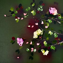 Earth - Green Textured Floral Painting, Palette Knife on Linen, 3D Roses, OOAK