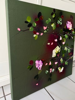 Earth - Green Textured Floral Painting, Palette Knife on Linen, 3D Roses, OOAK