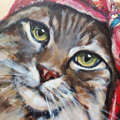 Maine Coon Cat Wearing Red Floral Couture Silk Headscarf