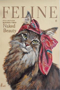 Maine Coon Cat Wearing Red Floral Couture Silk Headscarf