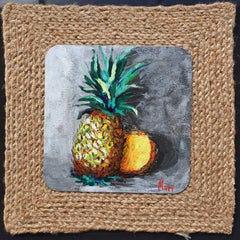 Pineapple Still Life with Cut Slice on Gray Background