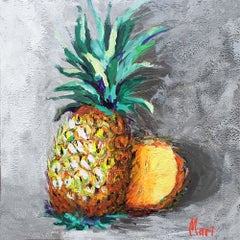 Pineapple Still Life with Cut Slice on Gray Background