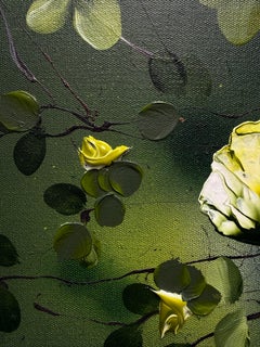 Jade Green I - dark green painting on linen canvas with 3d flowers, original