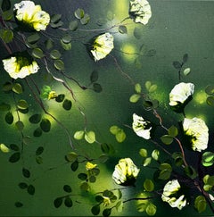 Jade Green I - dark green painting on linen canvas with 3d flowers, original