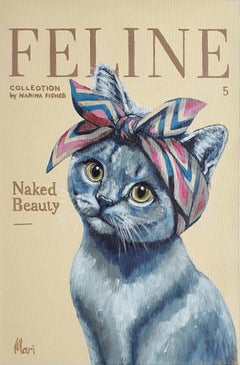 British Shorthair Cat Wearing Pink and Blue Couture Silk Headscarf