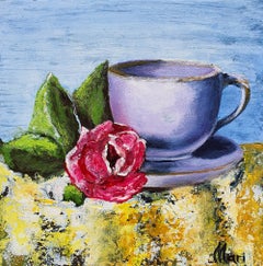 Lavender Coffee Cup and Red Rose Still Life