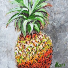 Naturaleza muerta con una piña entera sobre un fondo gris con textura