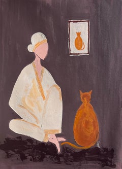 Woman with ginger cat original painting " Silk Evening"