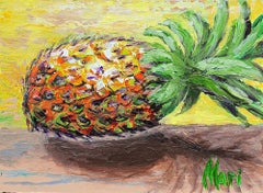 Tropical Pineapple on Wooden Table with Warm Yellow Background