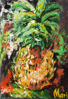 Whole Pineapple Still Life on Black Abstract Background