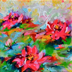 Des nénuphars rouges flottant sur l'étang - Petite peinture de nénuphars signée