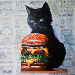 „Schwarze Katze mit Cheeseburger“ – Original-Acrylgemälde auf Leinwand