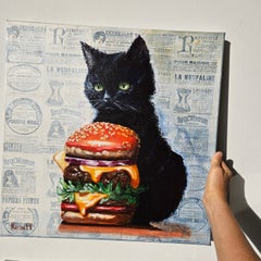 „Schwarze Katze mit Cheeseburger“ – Original-Acrylgemälde auf Leinwand