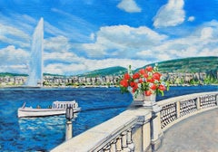Geneva Lakefront with Jet d’Eau — Original Acrylic Painting on Canvas