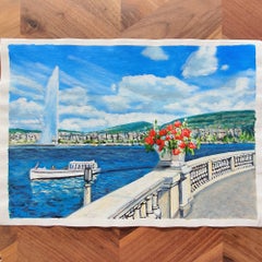 Geneva Lakefront with Jet d’Eau — Original Acrylic Painting on Canvas