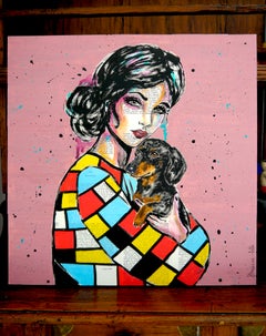 Portrait La Pause Mondrian with dachshund dog - READY TO HANG - Handpainted
