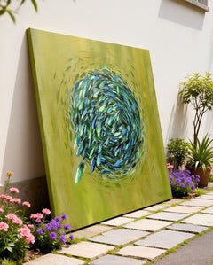 Escape, serie Sardine Run, dipinto a olio su tela originale 90 x 90