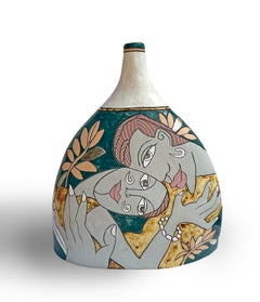 „The Silent Dialogue“, zeitgenössische Keramikskulptur, handgefertigte Vase, 14 x 12"