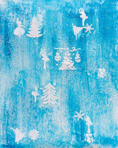 Blue Ballet Dancers and Christmas Trees Textured Acrylic Painting