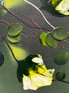 Komorebi, Undergrowth - Green Textured Floral Painting on Linen, 3D Roses, OOAK