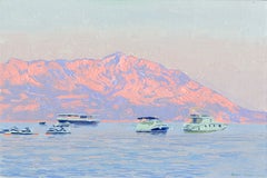 Dipinto di paesaggio marino, Gli ultimi raggi. La baia. Budva, 20 x 30, olio su tela, firmato